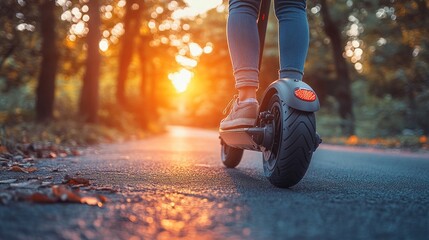 Sticker - Person Riding Electric Scooter on a Forest Path During Sunset