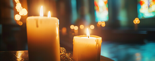 A peaceful close-up of lit candles glowing warmly inside a church. The background, blurred with soft bokeh lights and stained glass windows