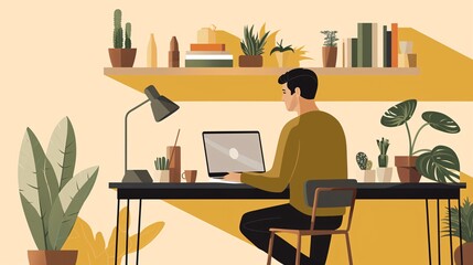 Poster - Man Working at Home Office Desk with Laptop  Plants  and Books