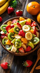 Vibrant fresh fruit salad with strawberries, bananas, kiwis, and oranges served in a wooden bowl on a rustic table.