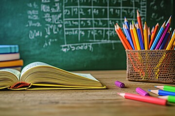 Poster - Open book and colored pencils on wooden table with green chalkboard in background.
