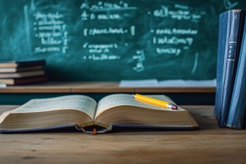 Poster - Open book with a yellow pencil lying on a wooden table in front of a green chalkboard with math equations.