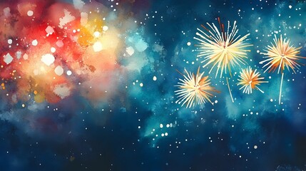 Poster - Vibrant Watercolor Painting of Festive New Year s Eve Fireworks Exploding in the Captivating Night Sky with Space for Greetings and