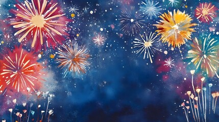 Poster - A vibrant watercolor painting of dazzling fireworks exploding across the night sky in a spectacular display of colorful light and energy evoking the joy and of the New Year holiday