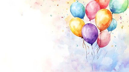 Poster - Colorful and whimsical watercolor painting of vibrant balloons floating gracefully in a festive joyful atmosphere creating a celebratory and decorative display