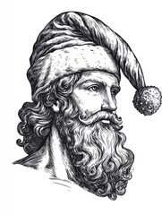 Black and white Vintage engraved art of Hermes wearing a Christmas Santa hat, isolated on white background, ink sketch illustration, simple vector art design, highly detailed line art, high contrast