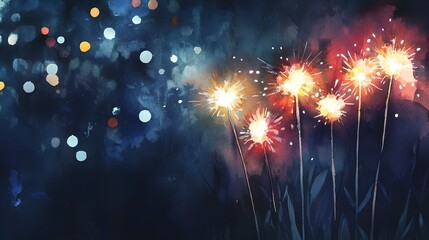 Poster - Stunning watercolor painting depicting glowing sparklers illuminating the night sky with a lively celebratory atmosphere  Perfect for New Year s greetings invitations or creative design projects