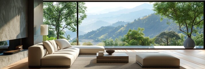 Poster - Expansive window showcasing a picturesque landscape in a cozy modern living area