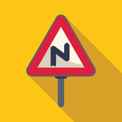 Sticker - Red triangle road sign indicating double bend to the right, casting a shadow on a yellow background