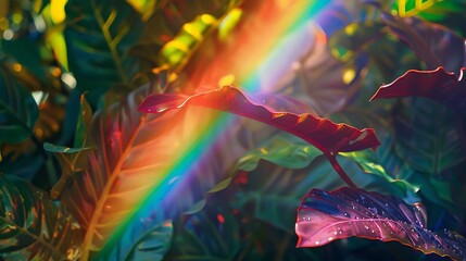 Wall Mural - Close-up of a rainbow spanning across a verdant garden, highlighting the vivid colors of the rainbow against the rich textures of the surrounding foliage