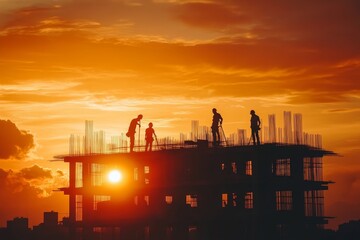 Poster - Silhouette of Construction Workers on Building at Sunset.