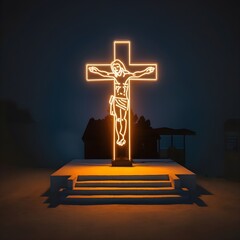 Neon cross of Jesus Christ glowing brightly. Symbol of faith, prayer, and spirituality. Isolated against a dark background, the neon cross shines.