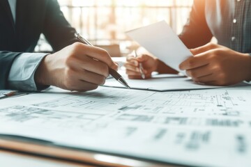 Poster - A close-up of a hand holding a pen, reviewing a blueprint document with another person out of focus.