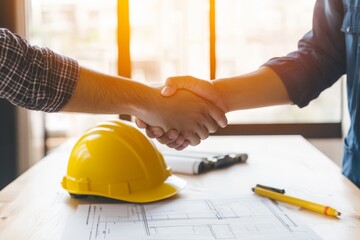 Poster - Two people shaking hands over blueprints and a yellow hard hat.