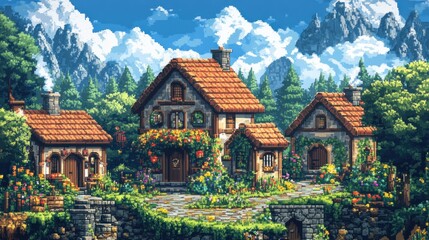 Pixelated Village in the Mountains