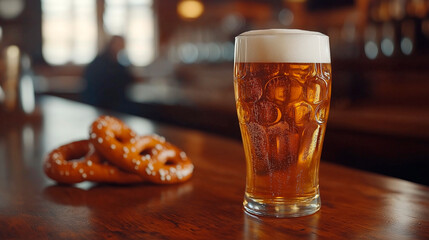 Celebration of Oktoberfest with traditional German beer and pretzels in Munich during October
