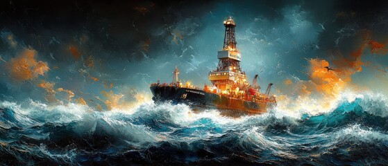 Poster - Oil Rig Ship Battling Rough Seas at Night