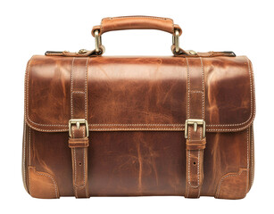 Vintage brown leather briefcase isolated on transparent background