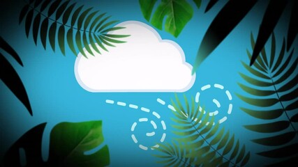 Sticker - Cloud with dashed lines animation over tropical leaves on blue background