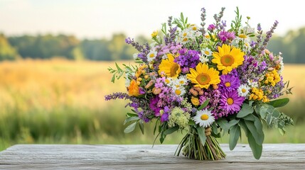 Canvas Print - Bright wildflowers including sunflowers and lavender create a cheerful bouquet on a rustic wooden table amidst a summer landscape. Generative AI