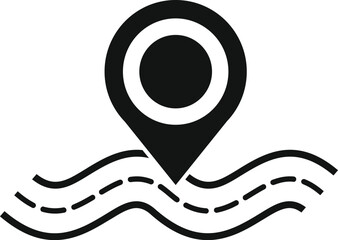 Poster - simple black icon of a location pin positioned directly over a winding road