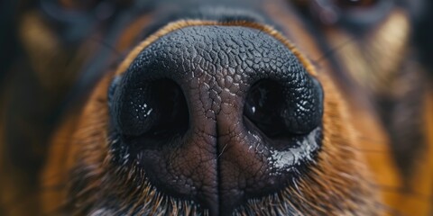 Close-up view of a dog's nose, using a macro lens to emphasize the senses related to drug detection and scent tracking.