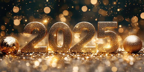 Golden glitter numbers for the year 2025 are sparkling on a blurred background with gold bokeh, creating a festive atmosphere for new year's eve. Merry Christmas and New Year! Christmas card, banner