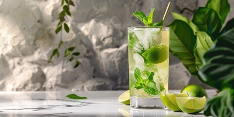 Chilled mojito drink featuring mint and lime in a tall glass, accompanied by a bubbling beverage and paper straw, set on a white marble table within an elegant lobby bar next to a stone wall.