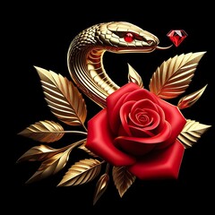 Wall Mural - A stylized gold beautiful Snake head, A single red diamond rose with gold leaves is positioned beside the head, black background