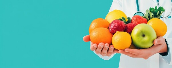 Flat design of a person holding fruits and a medical chart, representing diet and health in obesity treatment, isolated background, normal angle.