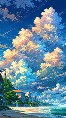 Wall Mural - anime clouds gathering above secluded coastal town background art design backdrop