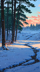 Wall Mural - anime gentle snowfall over forest clearing at dawn background art design backdrop