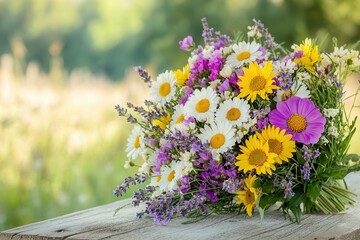 Wall Mural - A vibrant bouquet of wildflowers features colorful daisies, sunflowers, and lavender arranged naturally on a rustic table outdoors. Generative AI