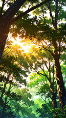 Poster - anime golden sunlight filtering through forest canopy background art design backdrop