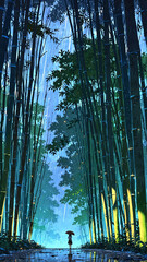 Wall Mural - anime light rain falling on bamboo grove background art design backdrop