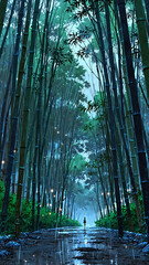 Poster - anime light rain falling on bamboo grove background art design backdrop