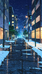 Wall Mural - anime light snowfall in modern city street background art design backdrop