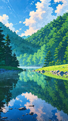 Wall Mural - anime misty morning lake reflecting quiet hills background art design backdrop