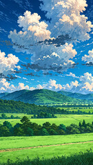 Canvas Print - anime overcast clouds looming above peaceful valley background art design backdrop