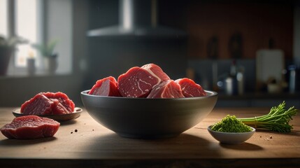 Fresh raw beef meat in a bowl with a kitchen background