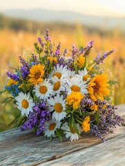 Poster - A colorful arrangement of daisies, sunflowers, and lavender rests on a rustic surface, illuminated by warm golden sunlight in a field. Generative AI