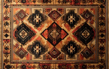 11. **full-size tribal rug design with a seamless array of repeating, symmetrical patterns**