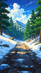 Wall Mural - anime soft snowfall covering forested mountain path background art design backdrop