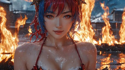 semi realistic artwork close up beautiful japanese or asian women under the rains and snow with cool background