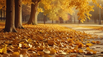 Wall Mural - Golden autumn scene in a park with falling leaves