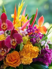 Poster - This stunning bouquet showcases an array of tropical flowers, with vivid orchids, birds of paradise, and anthuriums creating a lively display. Generative AI