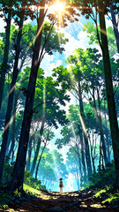 Poster - anime sun rays breaking through cloudy forest background art design backdrop