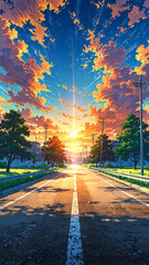 Poster - anime sunlight beaming down over empty road background art design backdrop