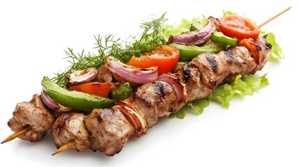 Wall Mural - Grilled meat on skewer with fresh salad, isolated on white background, featuring ultra-high detail and photorealistic cutout, ideal for food, barbecue, and culinary concepts