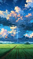 Sticker - anime thunder rumbling over empty farmland fields background art design backdrop